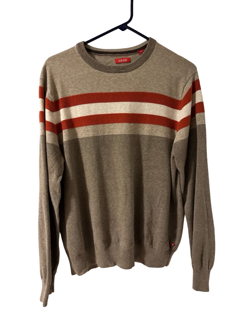 Izod Men's Preppy Vintage Casual Taupe Crewneck Taupe Striped Sweater Medium